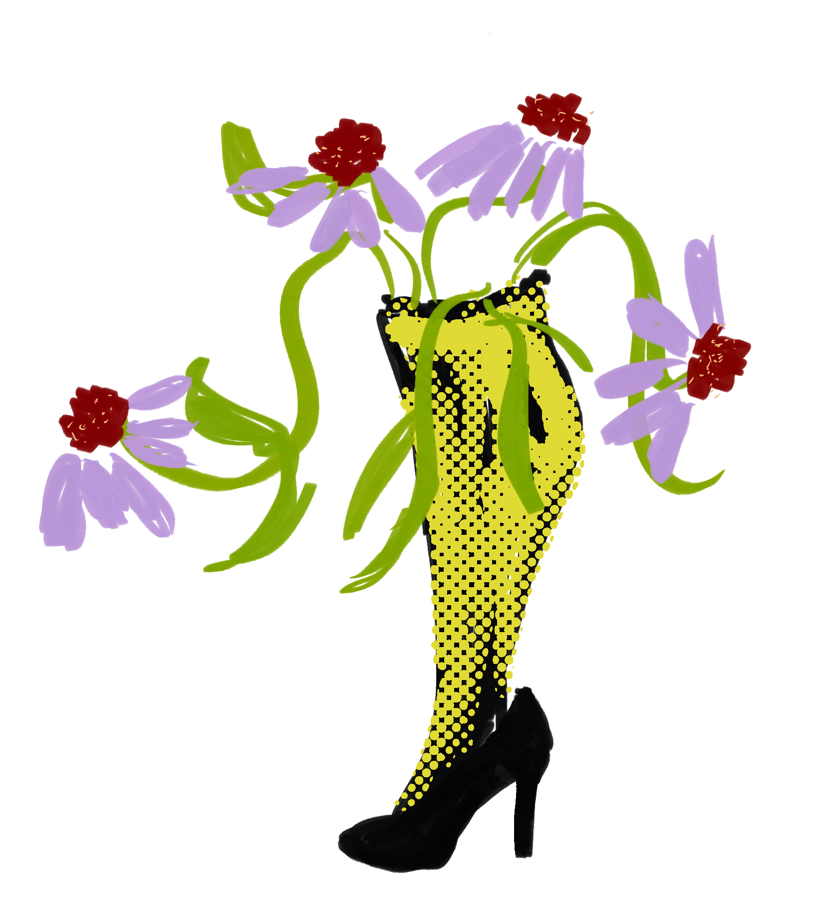 Echinacea coneflowers growing in over-fertilized soil, with flower stalks flopping out of a cartoon green leg out of a black high-heeled shoe (like the Christmas Story leg lamp) with a green leg with black mesh tights. The style is a hand-drawn digital cartoon by the author.